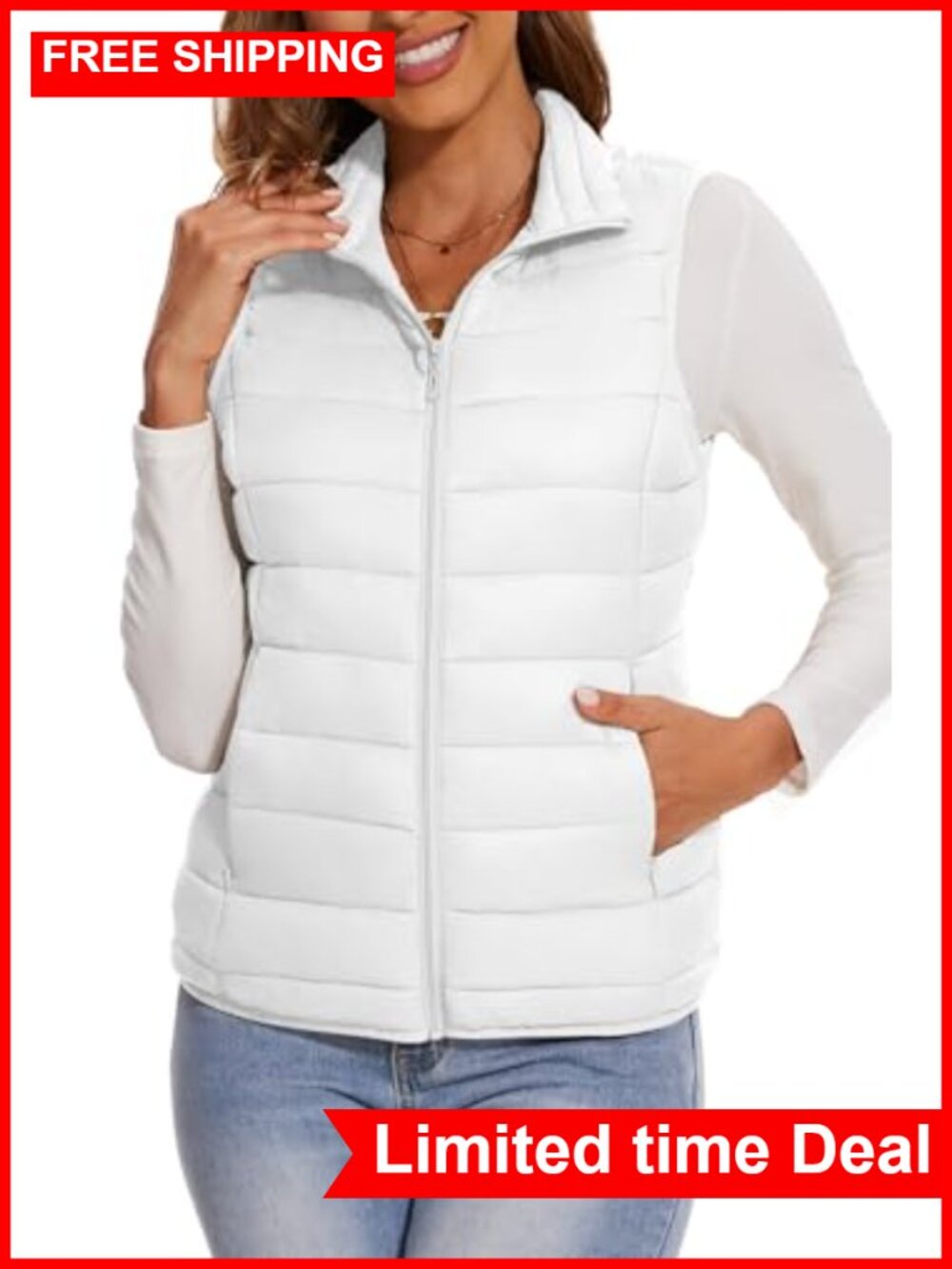 Quilted Puffer Vest Lightweight Zip Sleeveless Padded Outerwear
